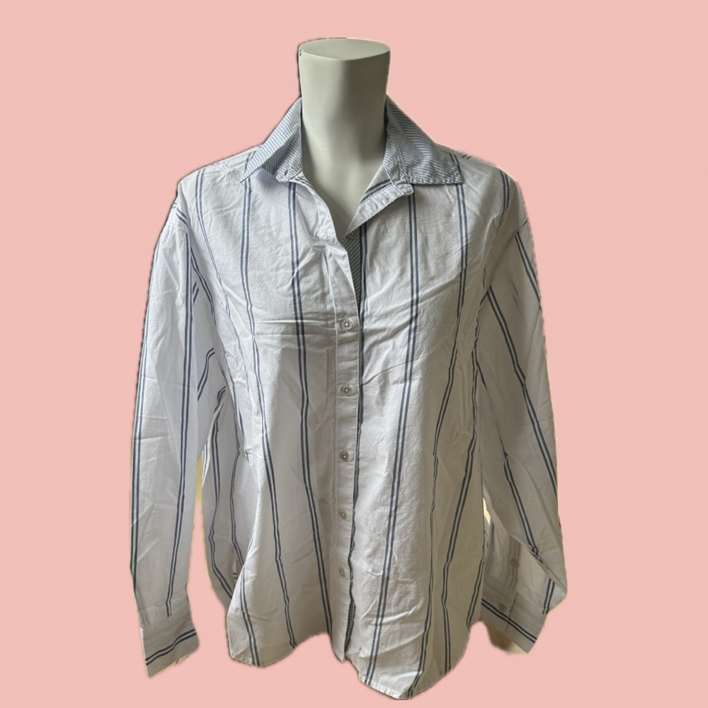 Aerie Brushed Cotton Oversized Button-Up Shirt Blue Stripe NWT XS